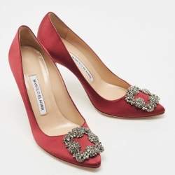 Pre Owned Manolo Blahnik Burgundy Satin Hangisi Pumps Size 36.5