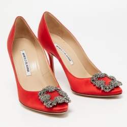 Pre Owned Manolo Blahnik Red Satin Hangisi Pumps Size 36.5