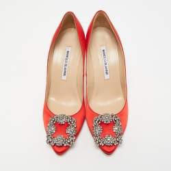 Pre Owned Manolo Blahnik Red Satin Hangisi Pumps Size 36.5