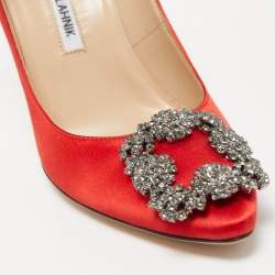 Pre Owned Manolo Blahnik Red Satin Hangisi Pumps Size 36.5