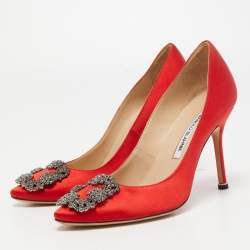 Pre Owned Manolo Blahnik Red Satin Hangisi Pumps Size 36.5