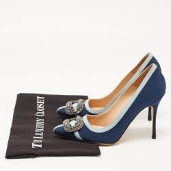 Pre Owned Manolo Blahnik Blue Fabric Gotrian Crystal Embellished Pointed Toe Pumps Size 36.5