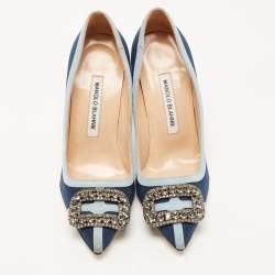 Pre Owned Manolo Blahnik Blue Fabric Gotrian Crystal Embellished Pointed Toe Pumps Size 36.5