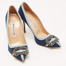 Pre Owned Manolo Blahnik Blue Fabric Gotrian Crystal Embellished Pointed Toe Pumps Size 36.5