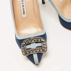 Pre Owned Manolo Blahnik Blue Fabric Gotrian Crystal Embellished Pointed Toe Pumps Size 36.5