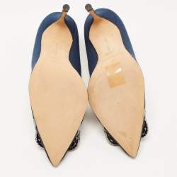 Pre Owned Manolo Blahnik Blue Fabric Gotrian Crystal Embellished Pointed Toe Pumps Size 36.5