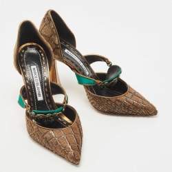 Pre Owned Manolo Blahnik Brown/Green Calf Hair and Satin Crystal Embellished D'orsay Pointed Toe Pumps Size 36