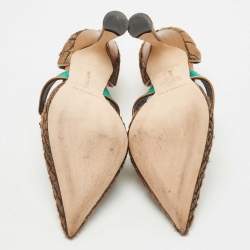 Pre Owned Manolo Blahnik Brown/Green Calf Hair and Satin Crystal Embellished D'orsay Pointed Toe Pumps Size 36