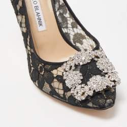 Pre Owned Manolo Blahnik Black Lace and Satin Hangisi Pumps Size 36.5