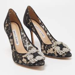 Pre Owned Manolo Blahnik Black Lace and Satin Hangisi Pumps Size 36.5