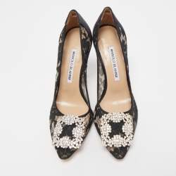 Pre Owned Manolo Blahnik Black Lace and Satin Hangisi Pumps Size 36.5