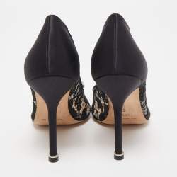 Pre Owned Manolo Blahnik Black Lace and Satin Hangisi Pumps Size 36.5