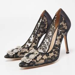 Pre Owned Manolo Blahnik Black Lace and Satin Hangisi Pumps Size 36.5