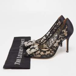 Pre Owned Manolo Blahnik Black Lace and Satin Hangisi Pumps Size 36.5
