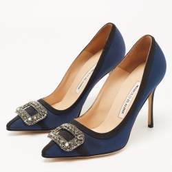 Manolo Blahnik Blue Fabric Gotrian Crystal Embellished Pointed Toe Pumps Size 36.5