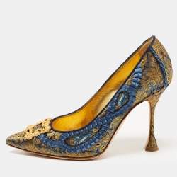 Pre Owned Manolo Blahnik Blue/Gold Brocade Fabric Buckle Pumps Size 36