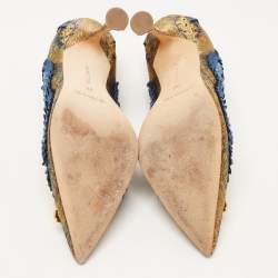 Pre Owned Manolo Blahnik Blue/Gold Brocade Fabric Buckle Pumps Size 36
