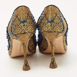 Pre Owned Manolo Blahnik Blue/Gold Brocade Fabric Buckle Pumps Size 36