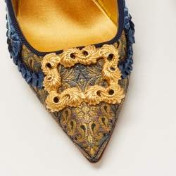 Pre Owned Manolo Blahnik Blue/Gold Brocade Fabric Buckle Pumps Size 36