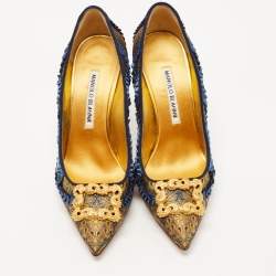 Pre Owned Manolo Blahnik Blue/Gold Brocade Fabric Buckle Pumps Size 36