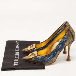 Pre Owned Manolo Blahnik Blue/Gold Brocade Fabric Buckle Pumps Size 36