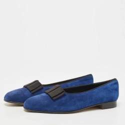 Manolo Blahnik Blue Suede Leather Toro Opera Bow Slip On Loafers Size 41.5