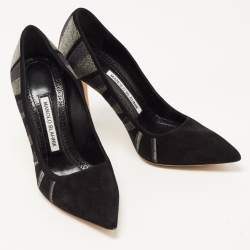 Pre Owned Manolo Blahnik Black/Grey Suede Embroidered BB Pumps Size 36.5