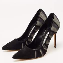 Pre Owned Manolo Blahnik Black/Grey Suede Embroidered BB Pumps Size 36.5
