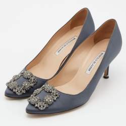 Pre Owned Manolo Blahnik Grey Satin Hangisi Pumps Size 37.5