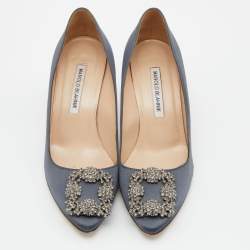 Pre Owned Manolo Blahnik Grey Satin Hangisi Pumps Size 37.5