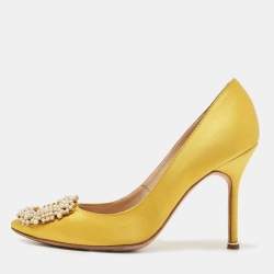 Manolo Blahnik Yellow Hangisi Crystal Embellished Pointed Toe Pumps Size 37