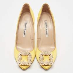 Manolo Blahnik Yellow Hangisi Crystal Embellished Pointed Toe Pumps Size 37