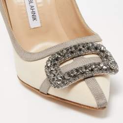 Pre Owned Manolo Blahnik Cream/Grey Satin Gotrian Pumps Size 36.5