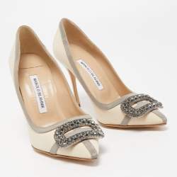 Pre Owned Manolo Blahnik Cream/Grey Satin Gotrian Pumps Size 36.5