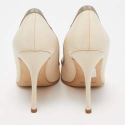 Pre Owned Manolo Blahnik Cream/Grey Satin Gotrian Pumps Size 36.5