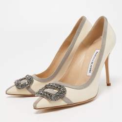Pre Owned Manolo Blahnik Cream/Grey Satin Gotrian Pumps Size 36.5