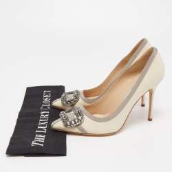 Pre Owned Manolo Blahnik Cream/Grey Satin Gotrian Pumps Size 36.5