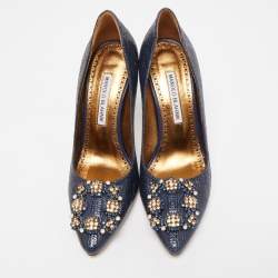 Pre Owned Manolo Blahnik Navy Blue Textured Leather Hangisi Pumps Size 36.5