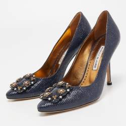 Pre Owned Manolo Blahnik Navy Blue Textured Leather Hangisi Pumps Size 36.5