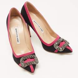 Pre Owned Manolo Blahnik Black/Pink Fabric Gotrian Pumps Size 36.5