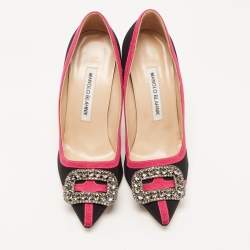 Pre Owned Manolo Blahnik Black/Pink Fabric Gotrian Pumps Size 36.5
