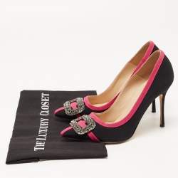 Pre Owned Manolo Blahnik Black/Pink Fabric Gotrian Pumps Size 36.5