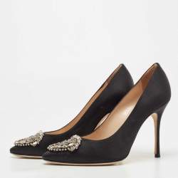 Pre Owned Manolo Blahnik Black Satin Okkava Pumps Size 36.5