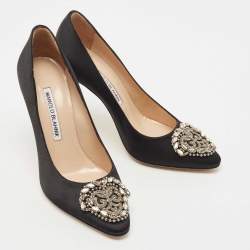 Pre Owned Manolo Blahnik Black Satin Okkava Pumps Size 36.5