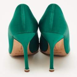 Manolo Blahnik Green Satin Hangisi Crystal Embellished Pumps Size 37.5