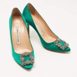 Manolo Blahnik Green Satin Hangisi Crystal Embellished Pumps Size 37.5