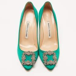 Manolo Blahnik Green Satin Hangisi Crystal Embellished Pumps Size 37.5