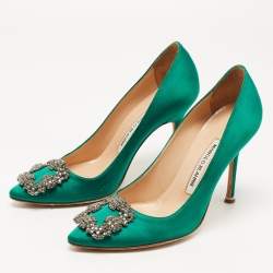 Manolo Blahnik Green Satin Hangisi Crystal Embellished Pumps Size 37.5