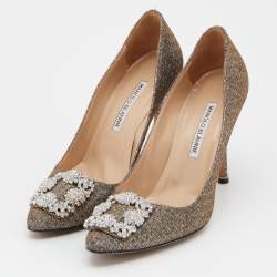 Pre Owned Manolo Blahnik Metallic Lurex Fabric Hangisi Pumps Size 38.5