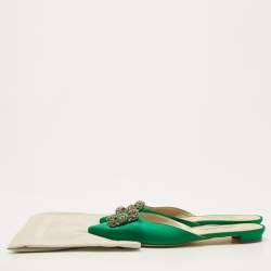 Pre Owned Manolo Blahnik Green Satin Hangisi Crystal Embellished Flat Mules Size 42